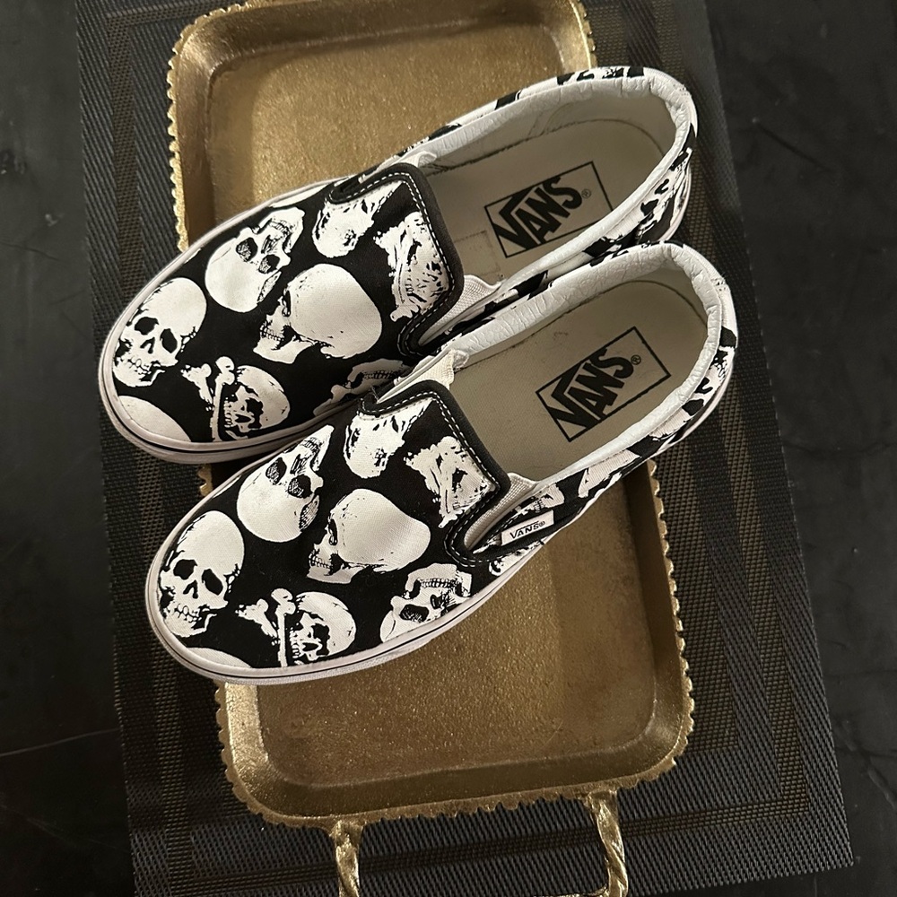 Vans Black and White Skull Slip-Ons